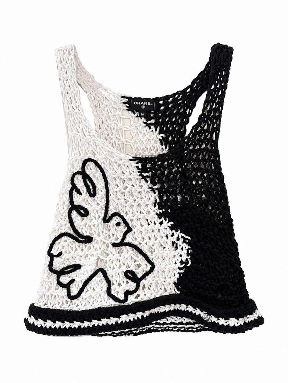 🚩steal CHANEL Black and White Crochet Tank with Dove Outline